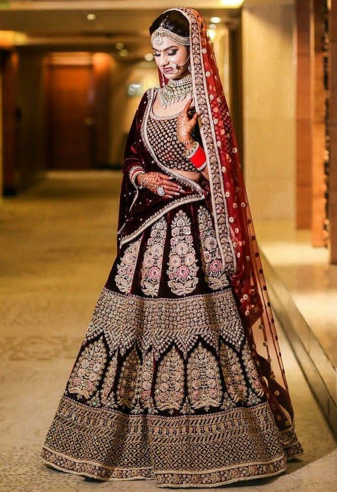 Stunning Dark Maroon Velvet Zari Embroidered Bridal Heavy Lehenga Choli  with Dupatta - Tulsi Art - 3562547