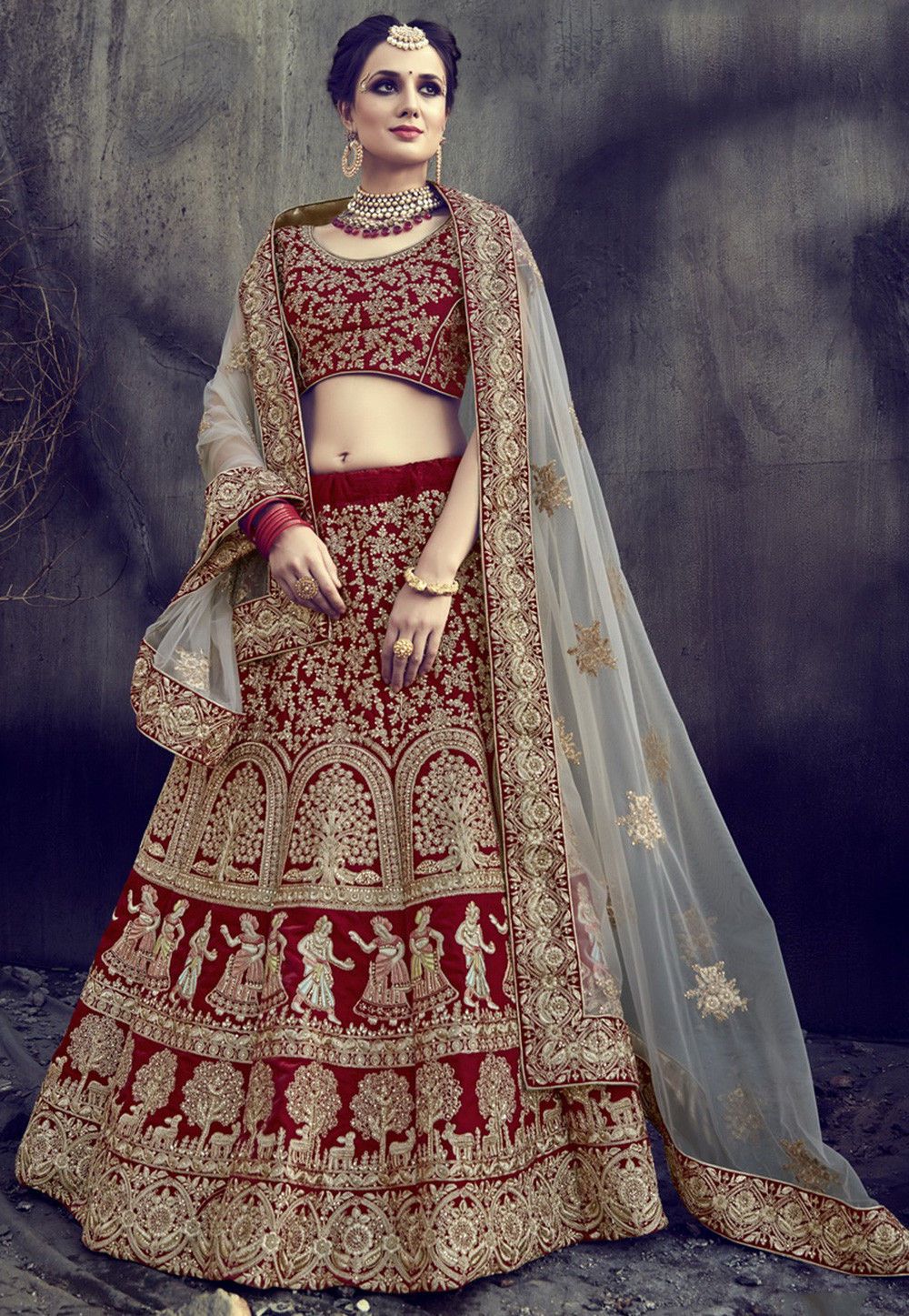 Buy Bollywood model maroon velvet bridal lehenga in UK, USA and Canada