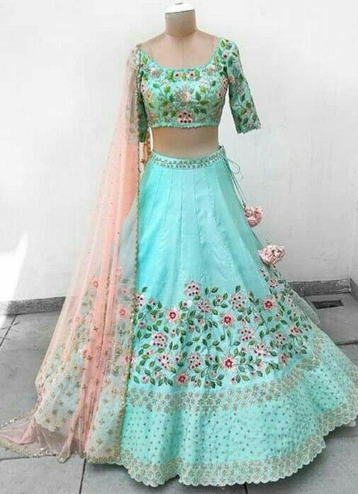 Sky Blue Sequin Patterned Lehenga Set with Hand-Embroidered Blouse and  Silver Crystal Tassels - Seasons India